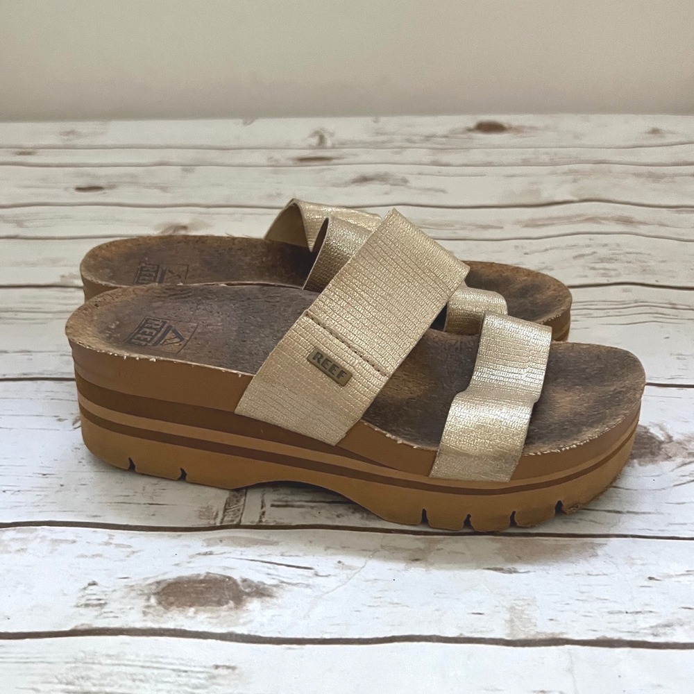 Reef Cushion Vista Hi Sandals Gold Metallic Platform Slide 7.5